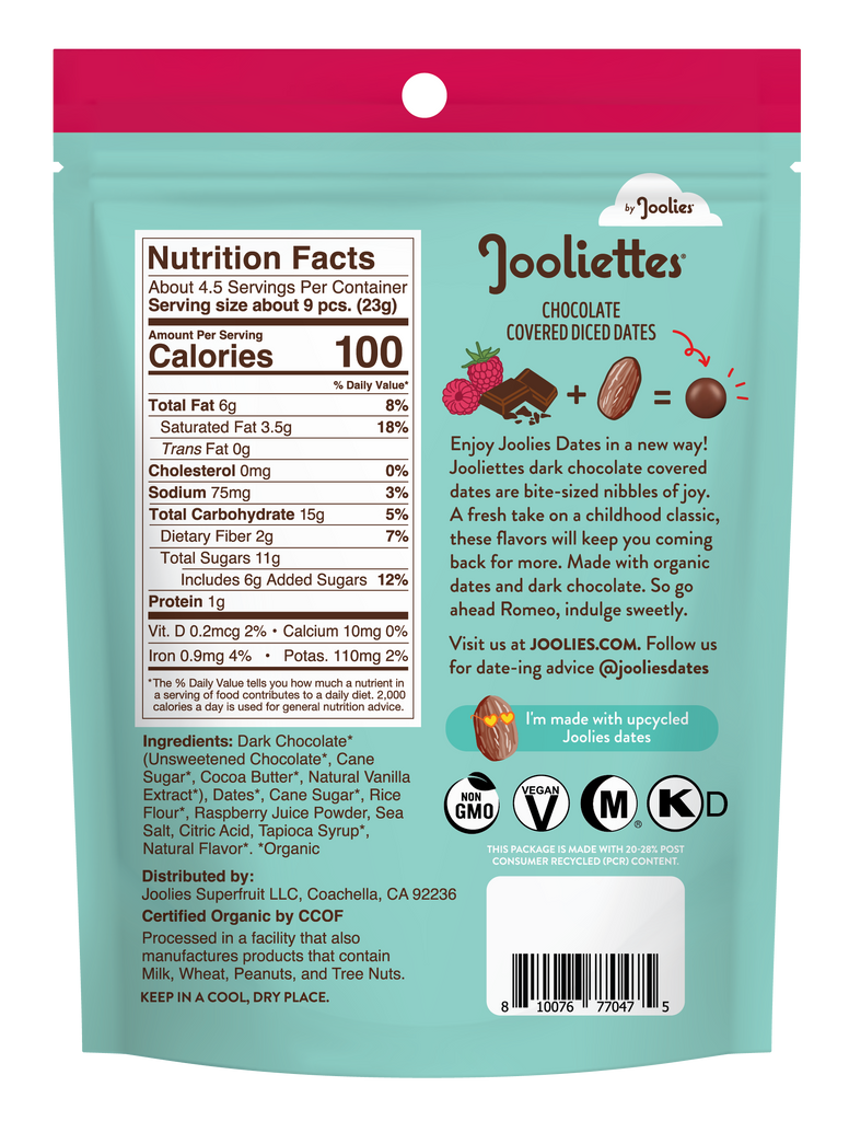 Jooliettes® 4oz Raspberry Chocolate Covered Diced Dates 6 ct